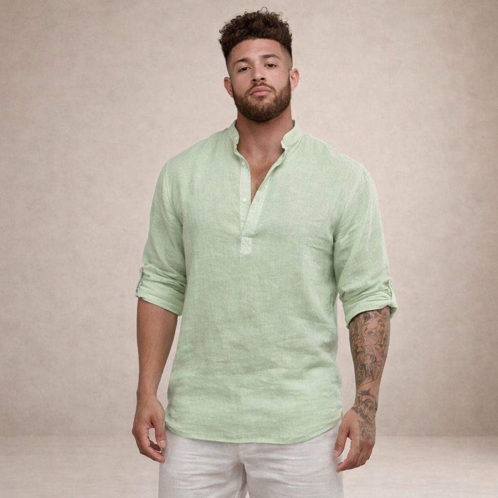 Chemise en lin homme coupe régulière respirante col montant manches longues