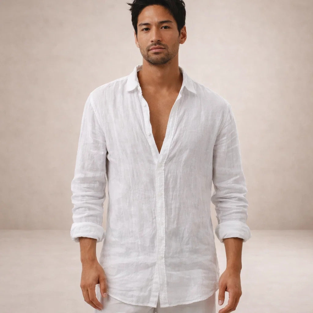 Camisa de lino para hombre corte regular tela fresca cuello abierto manga larga