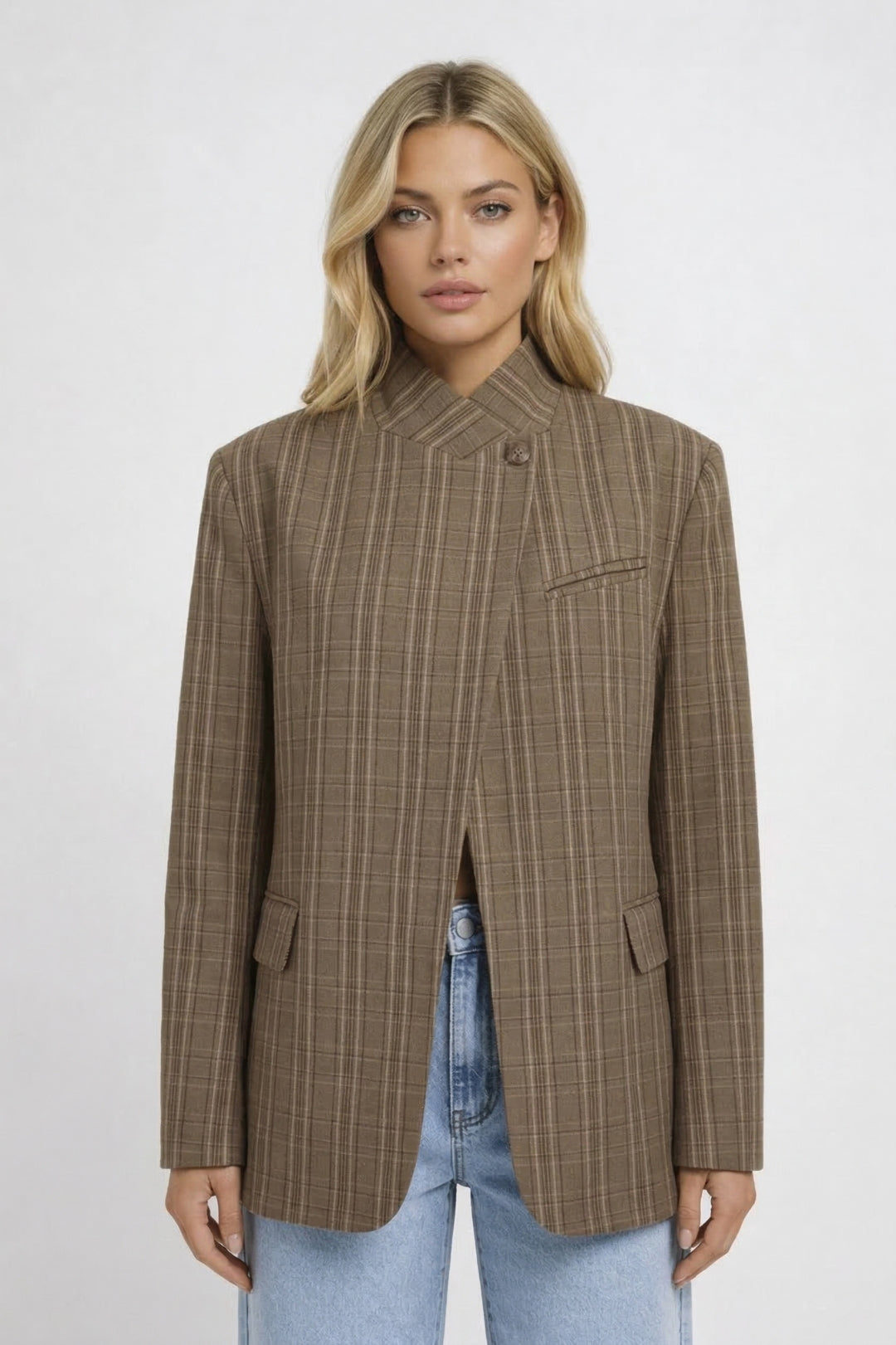Blazer femme oversize à motif à carreaux col montant décontracté