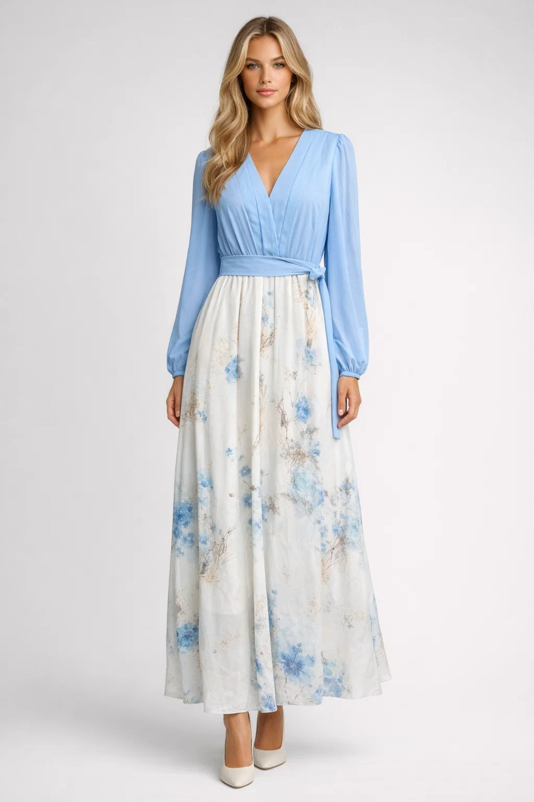 Rochie maxi cu flori damă, decolteu în V și mâneci lungi