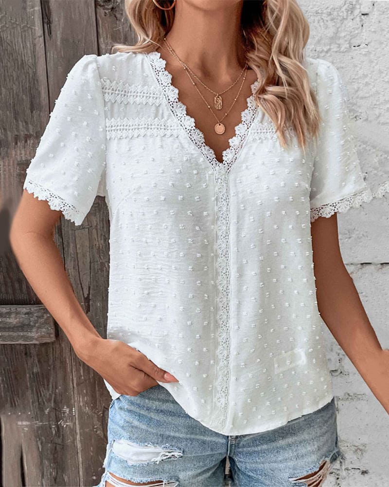 Blouse Dames Kant Korte Mouwen Losse Pasvorm