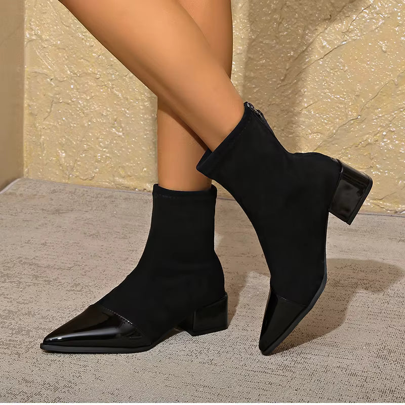Botins Mulher Camurça Salto Bloco Detalhes Verniz Elegante