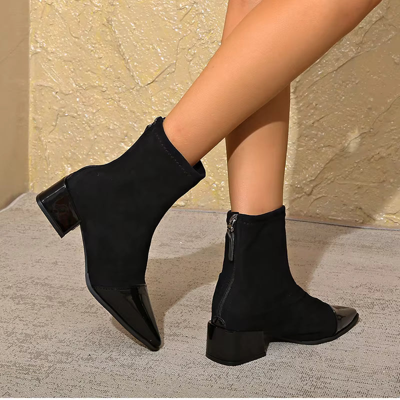 Botins Mulher Camurça Salto Bloco Detalhes Verniz Elegante