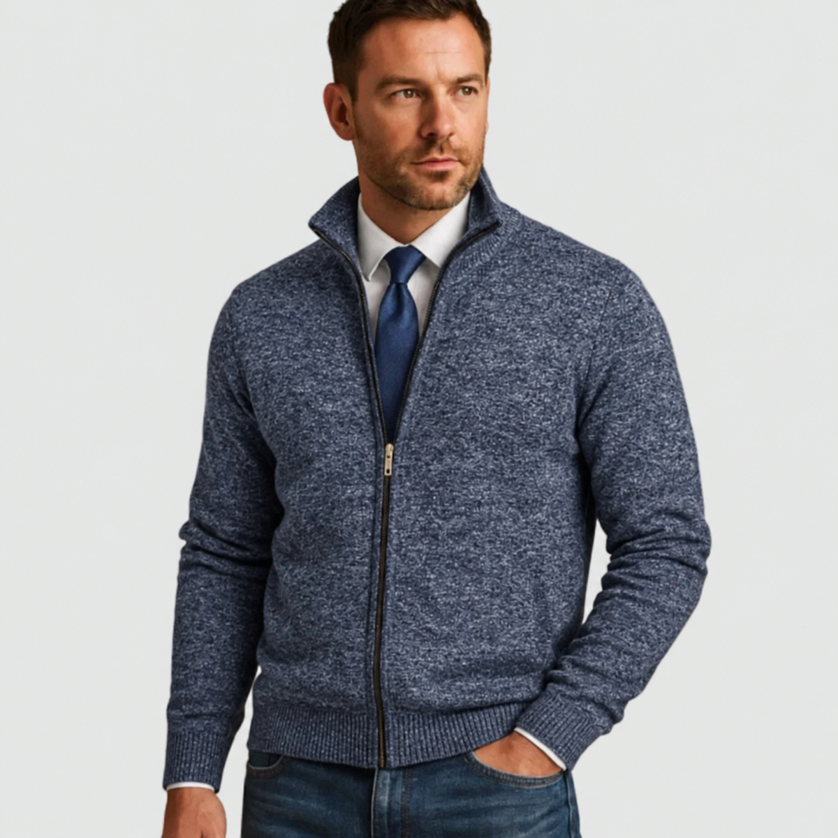 Knitted Men's Cardigan with Zipper and Stand-Up Collar