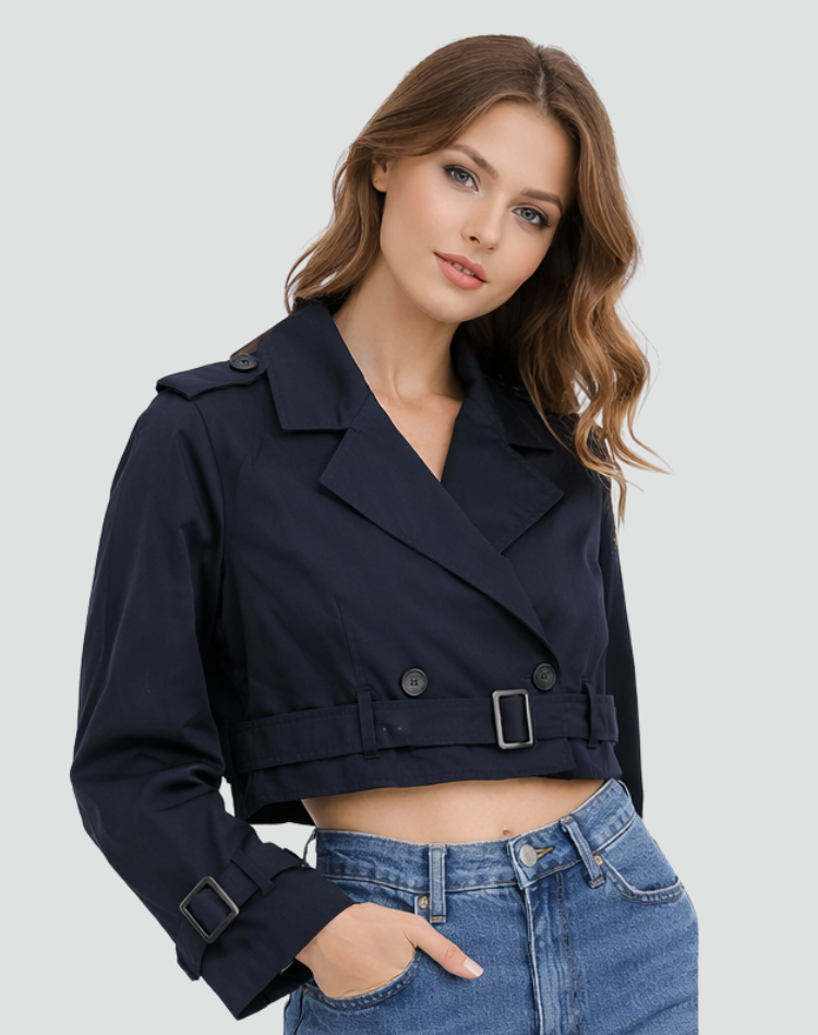 Trench coat para senhora, corte regular, algodão, corte curto