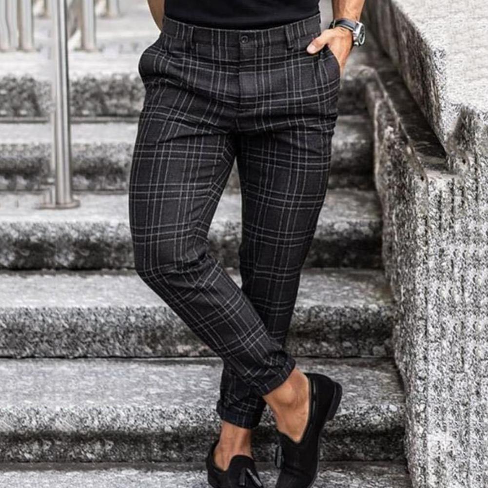 Pantalón chino para hombre, ajuste slim, patrón de cuadros, primavera, casual
