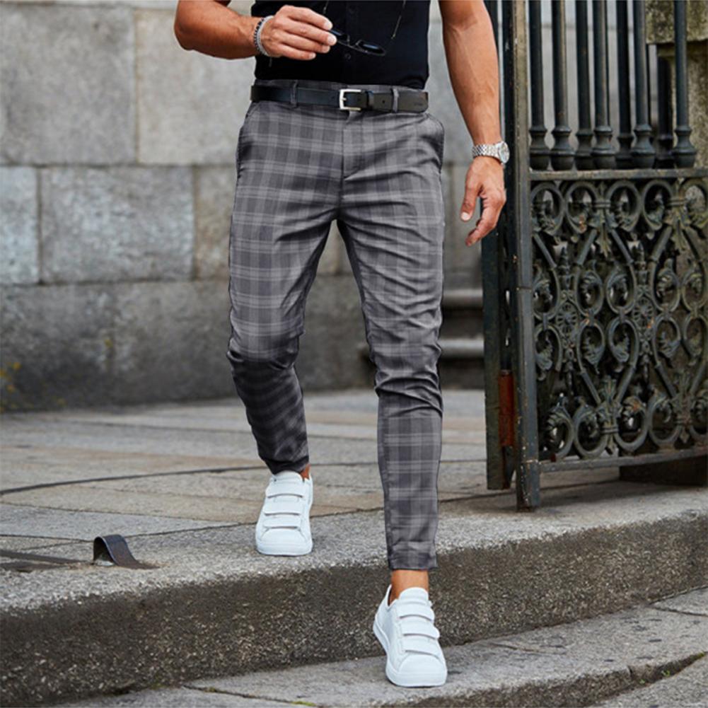 Pantalón chino para hombre, ajuste slim, patrón de cuadros, primavera, casual