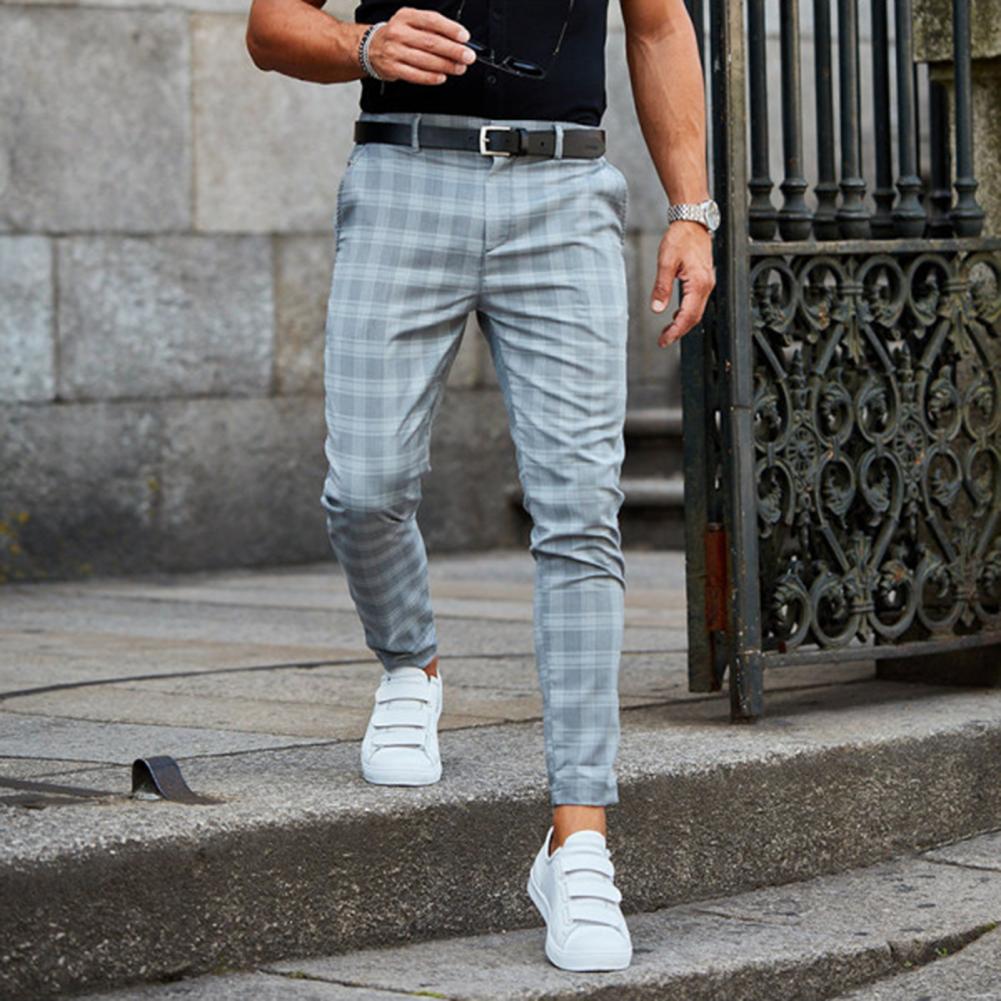 Pantalón chino para hombre, ajuste slim, patrón de cuadros, primavera, casual