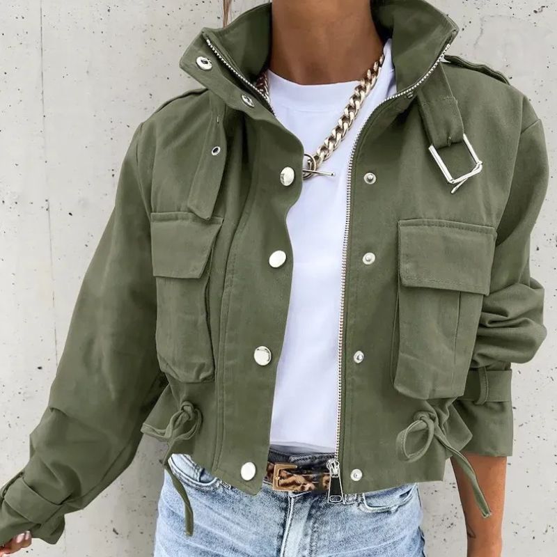 Chaqueta bomber corta para mujer con cuello alto y cremallera casual