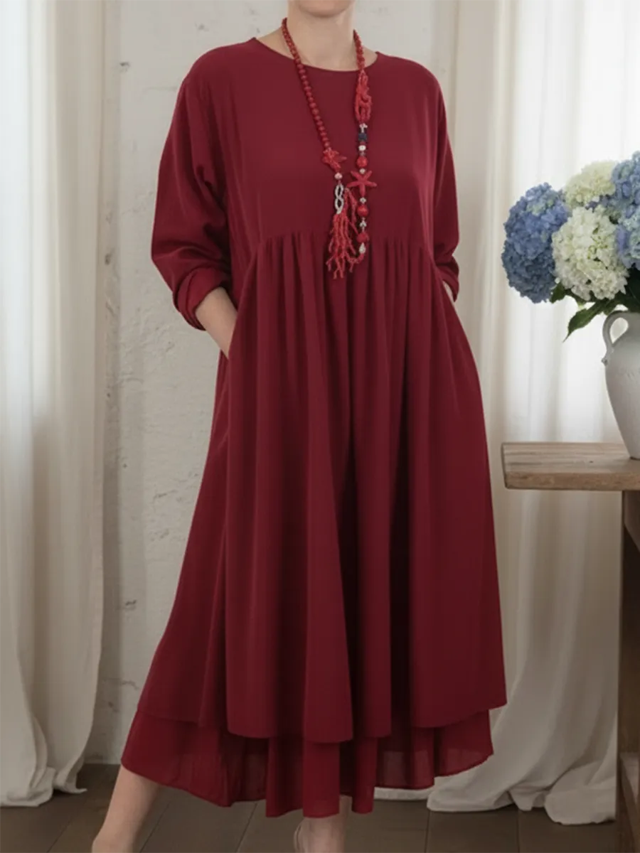Vestido midi elegante para senhora com corte solto e mangas compridas