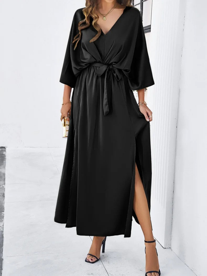 Vestido maxi de verão para senhora com decote em V e corte solto