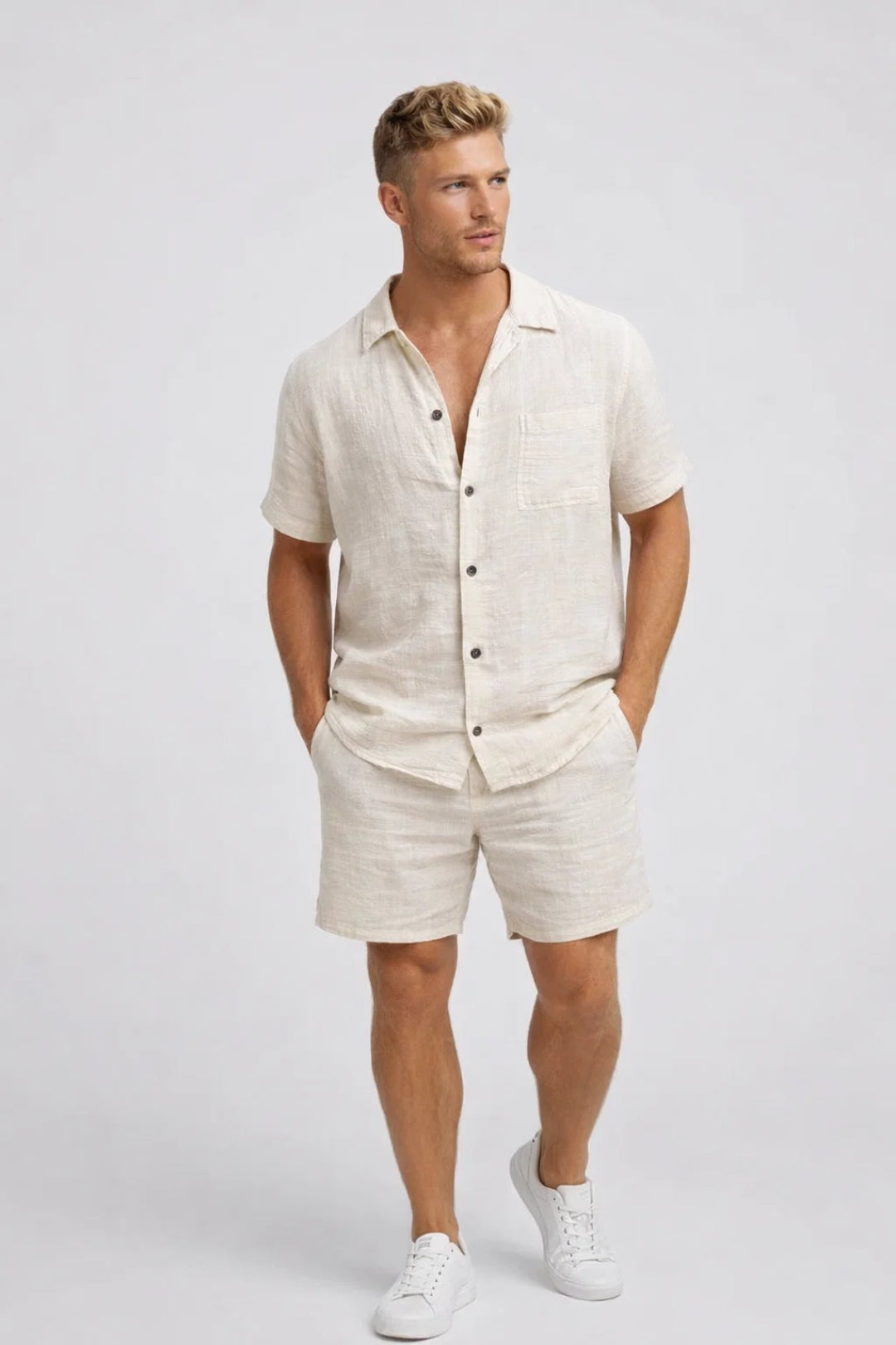 Ensemble Homme Coupe Régulière Boutons Manches Courtes Décontracté Été
