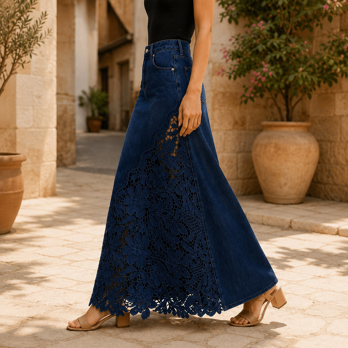 Dames Elegante Denim Maxi Rok met Kanten Paneel en Hoge Taille
