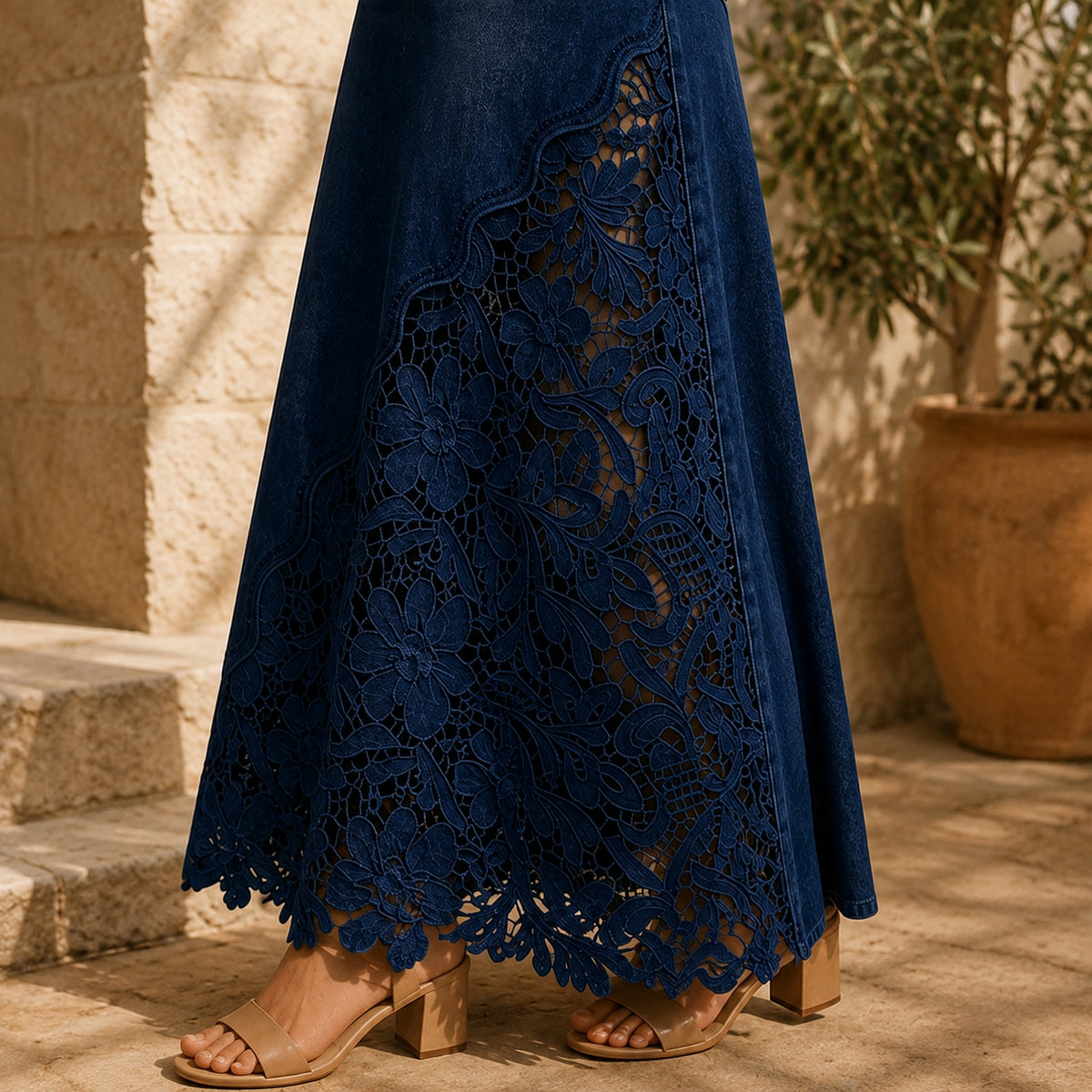 Dames Elegante Denim Maxi Rok met Kanten Paneel en Hoge Taille