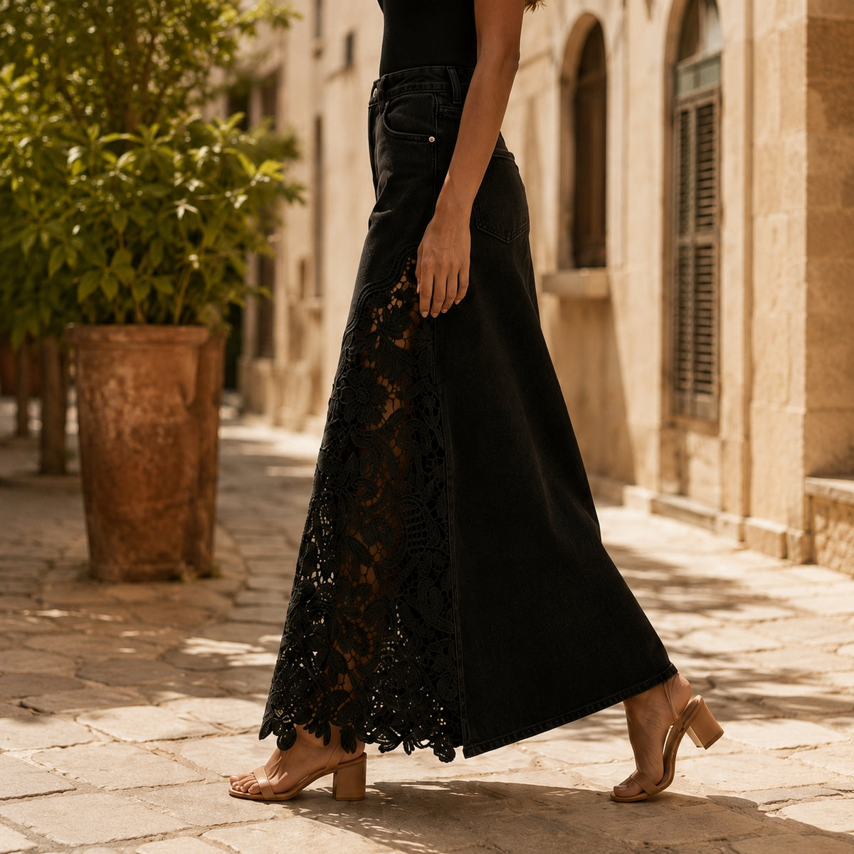 Dames Elegante Denim Maxi Rok met Kanten Paneel en Hoge Taille