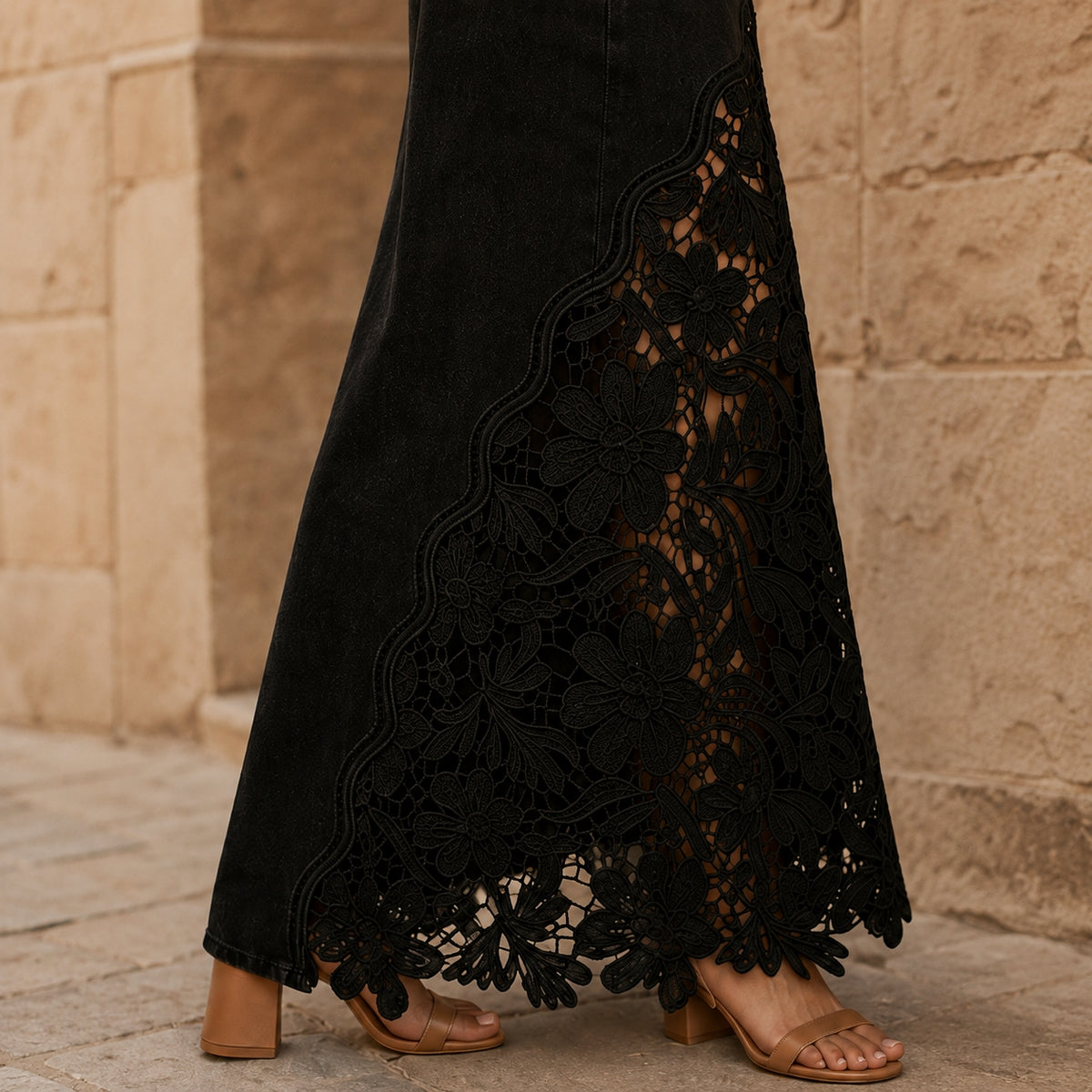 Dames Elegante Denim Maxi Rok met Kanten Paneel en Hoge Taille