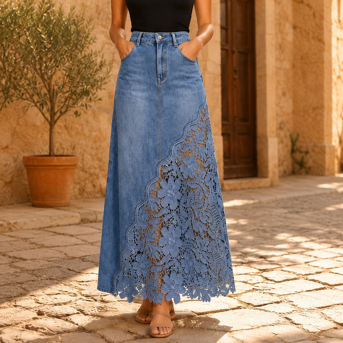Dames Elegante Denim Maxi Rok met Kanten Paneel en Hoge Taille