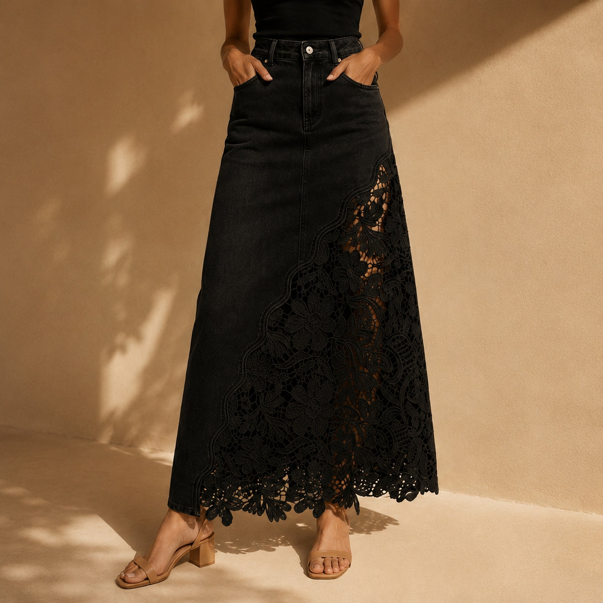Dames Elegante Denim Maxi Rok met Kanten Paneel en Hoge Taille