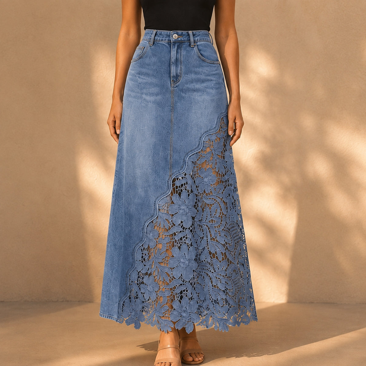 Dames Elegante Denim Maxi Rok met Kanten Paneel en Hoge Taille