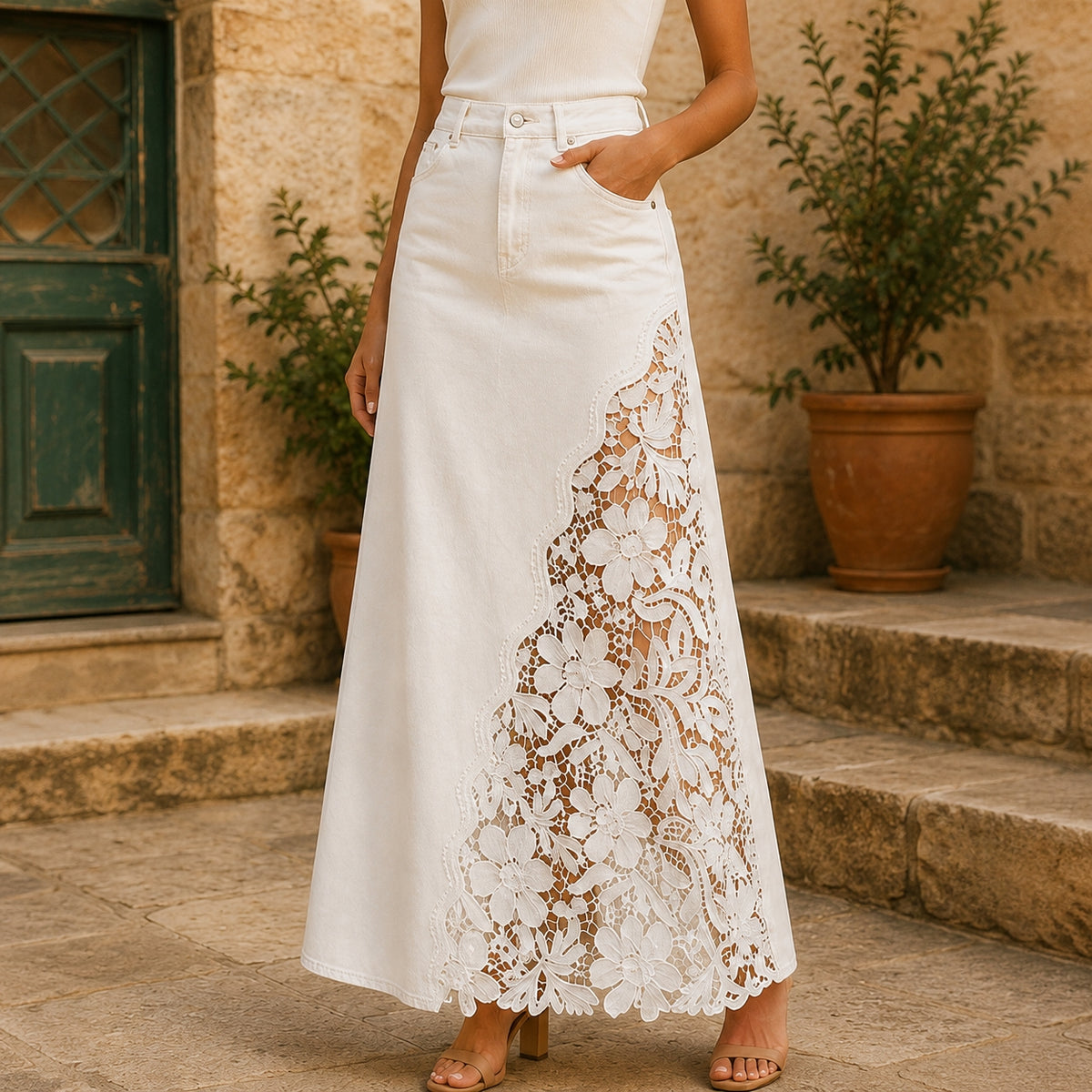 Dames Elegante Denim Maxi Rok met Kanten Paneel en Hoge Taille