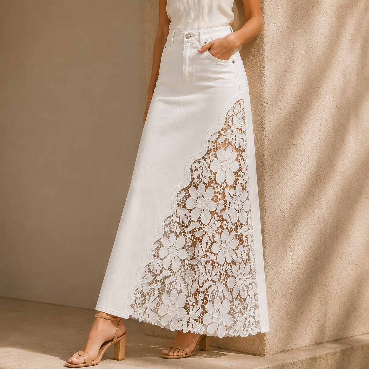 Dames Elegante Denim Maxi Rok met Kanten Paneel en Hoge Taille