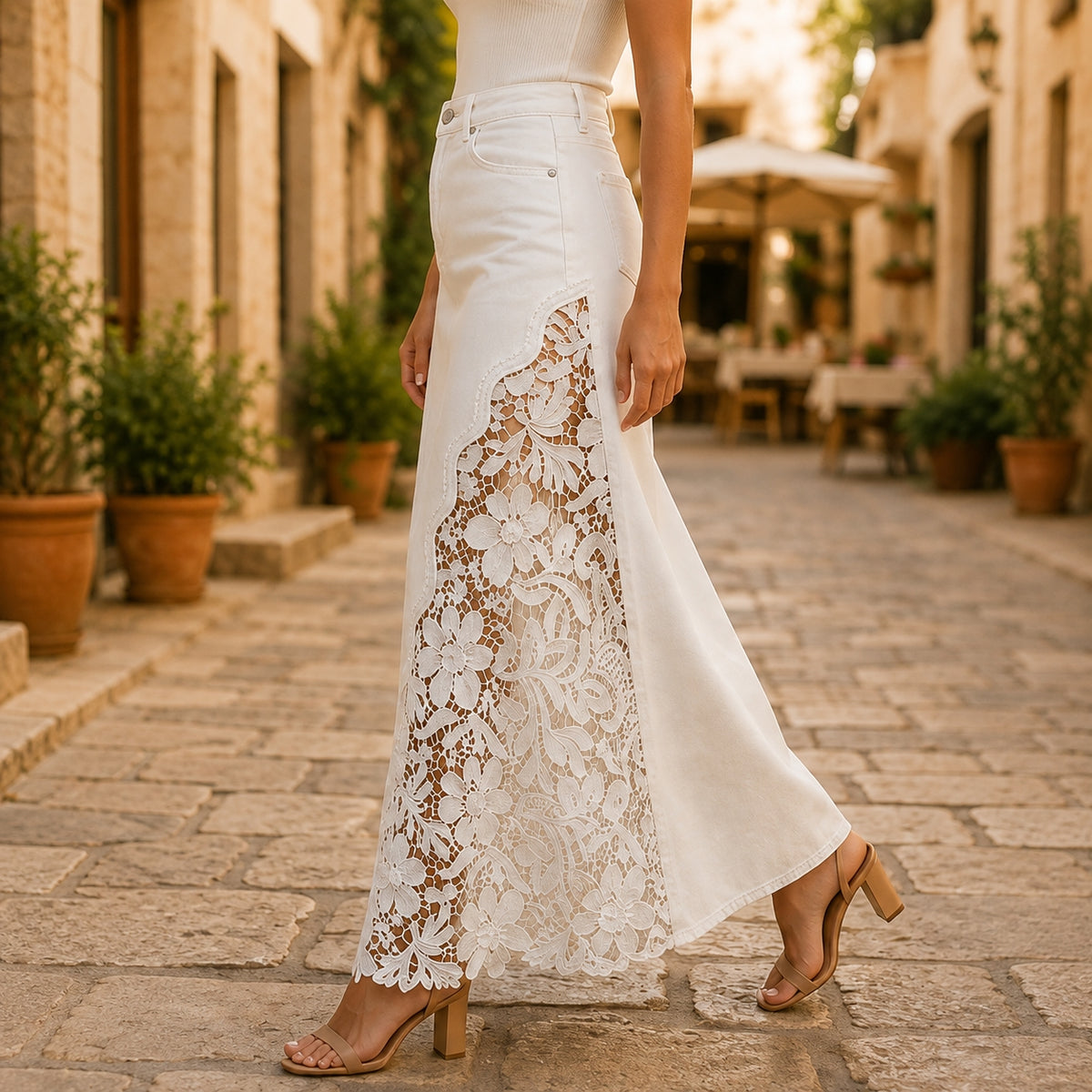 Dames Elegante Denim Maxi Rok met Kanten Paneel en Hoge Taille