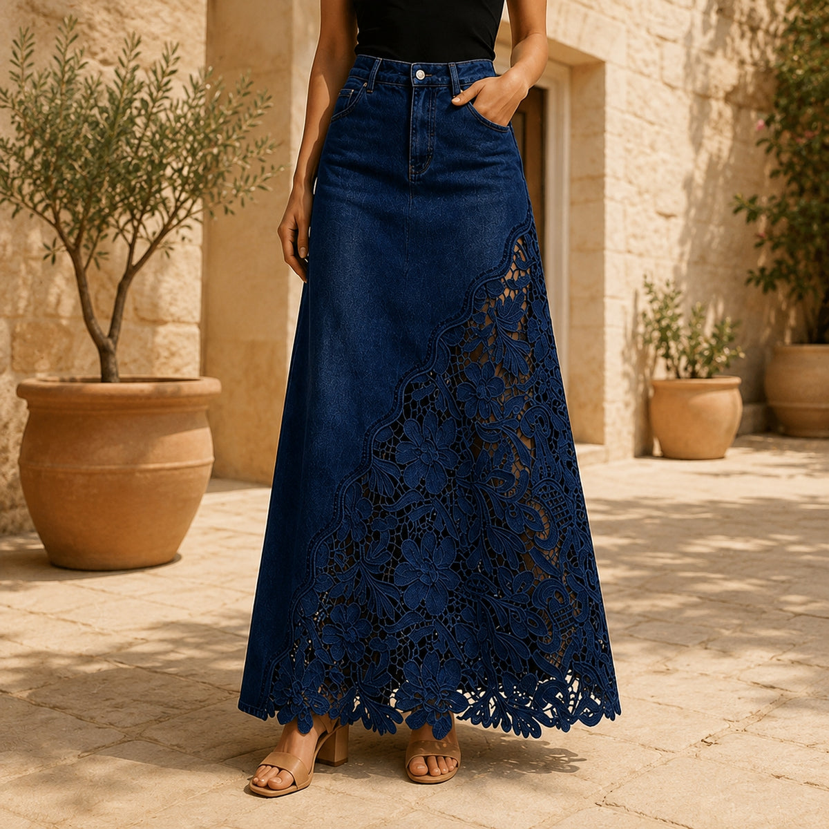 Dames Elegante Denim Maxi Rok met Kanten Paneel en Hoge Taille