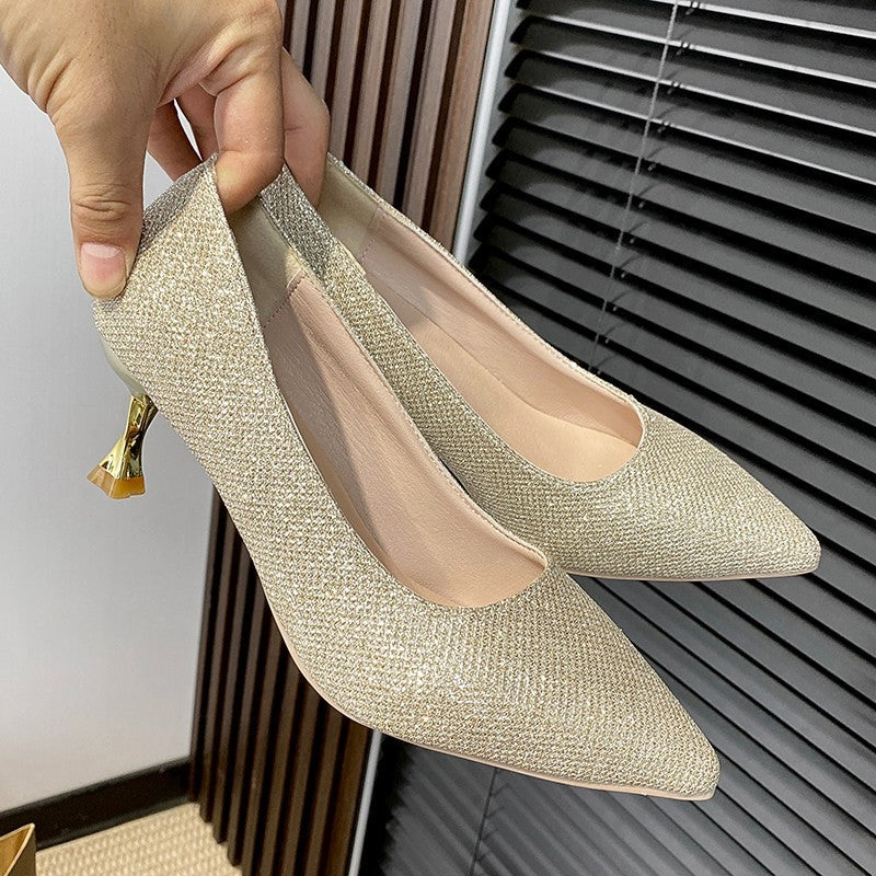 Dames Glanzende Pumps met Spitse Neus en Gevormde Hak