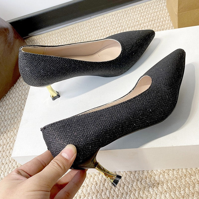 Dames Glanzende Pumps met Spitse Neus en Gevormde Hak