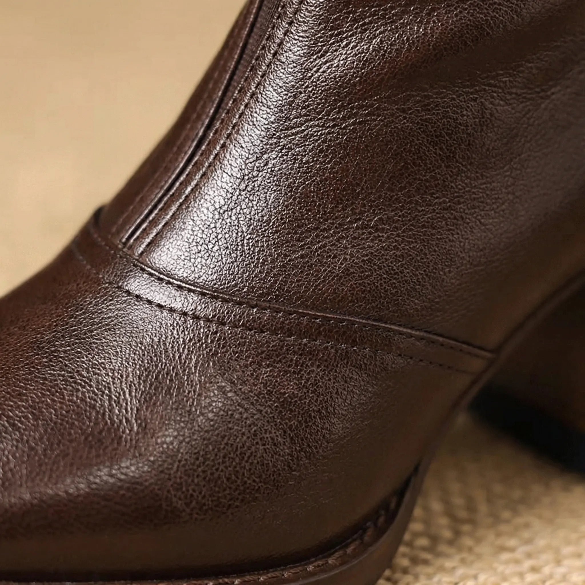 Leather Ankle Boots for Women, Block Heel, Rear Zipper
