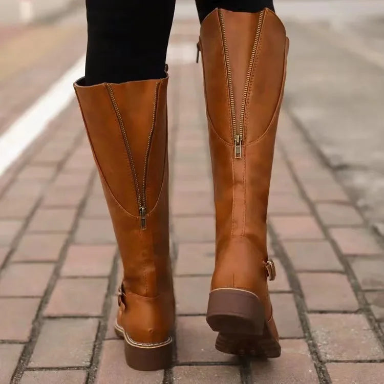 Leather Women's Boots with Tall Shaft, Buckles, and Block Heel