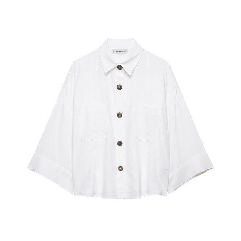 Dames Nonchalant Shirtjack met Kimonomouwen en Opgestikte Zakken