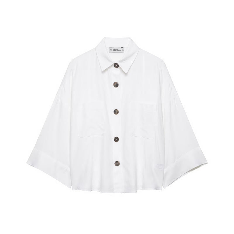 Dames Nonchalant Shirtjack met Kimonomouwen en Opgestikte Zakken
