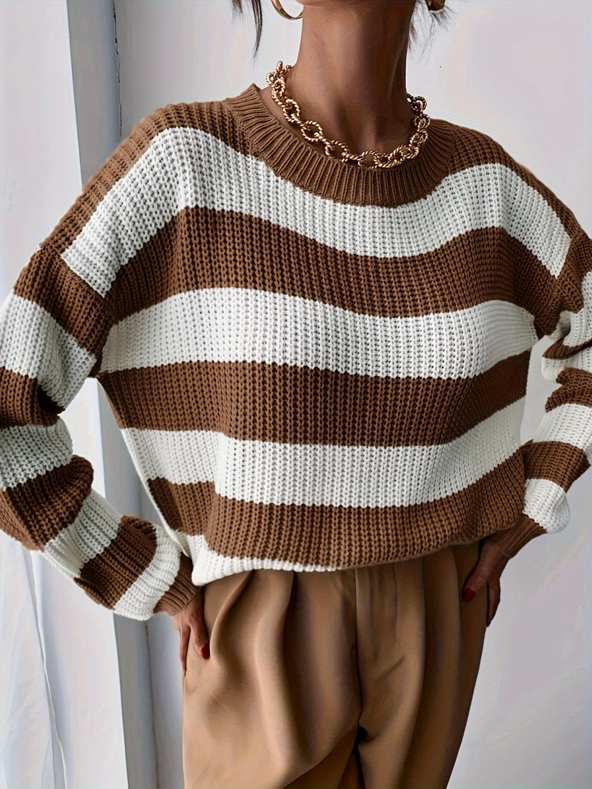 Dames Oversized Gestreepte Trui met Ronde Hals en Drop Shoulder