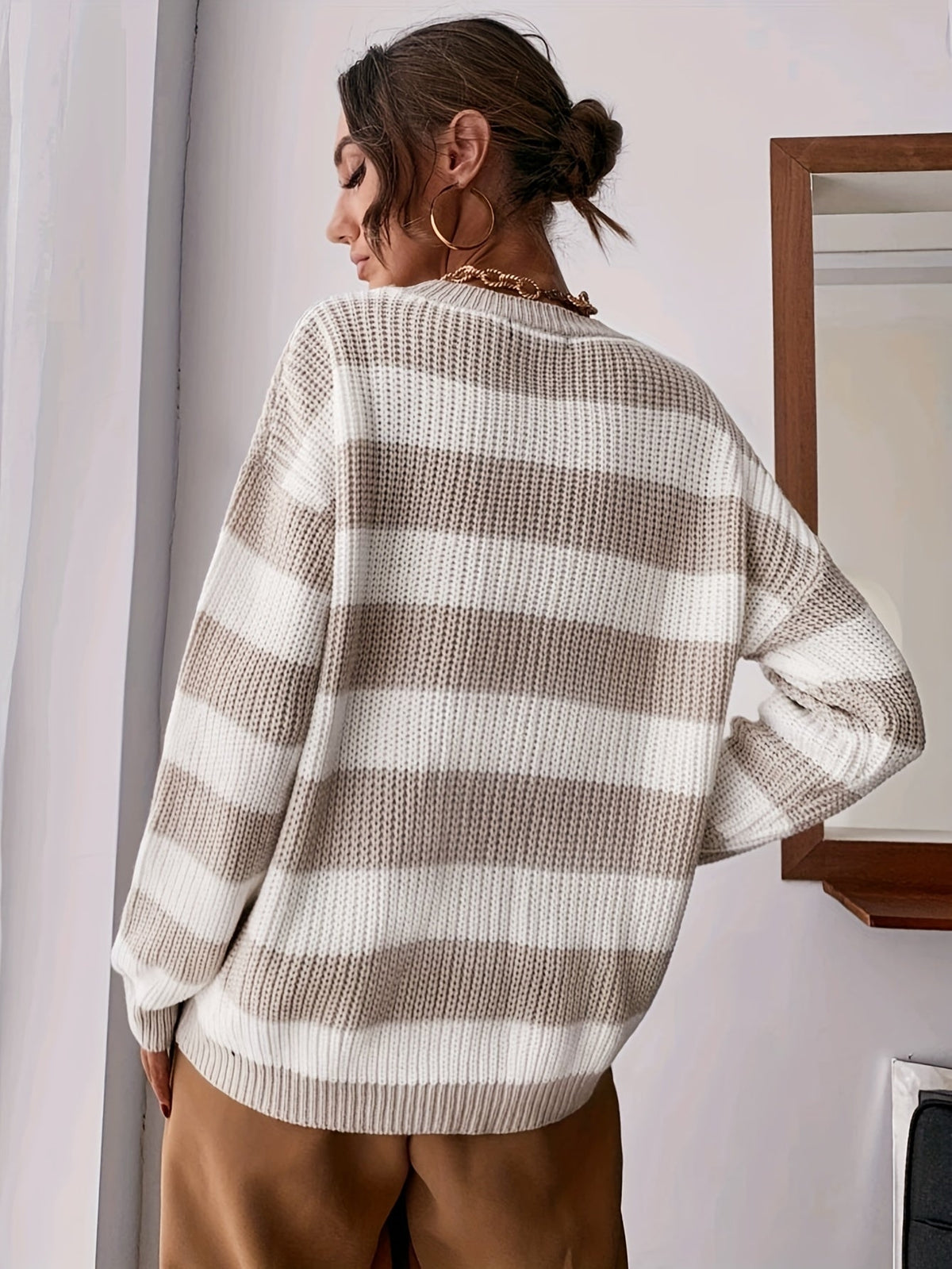 Dames Oversized Gestreepte Trui met Ronde Hals en Drop Shoulder