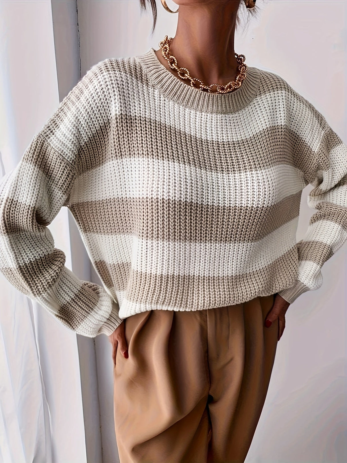 Dames Oversized Gestreepte Trui met Ronde Hals en Drop Shoulder