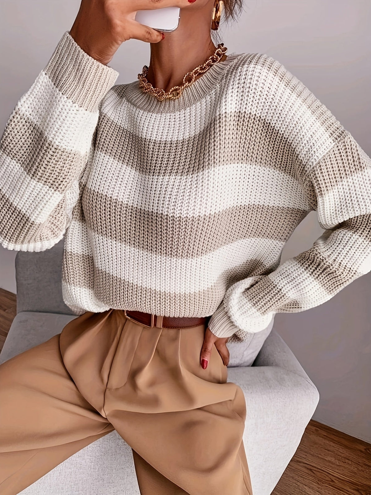 Dames Oversized Gestreepte Trui met Ronde Hals en Drop Shoulder