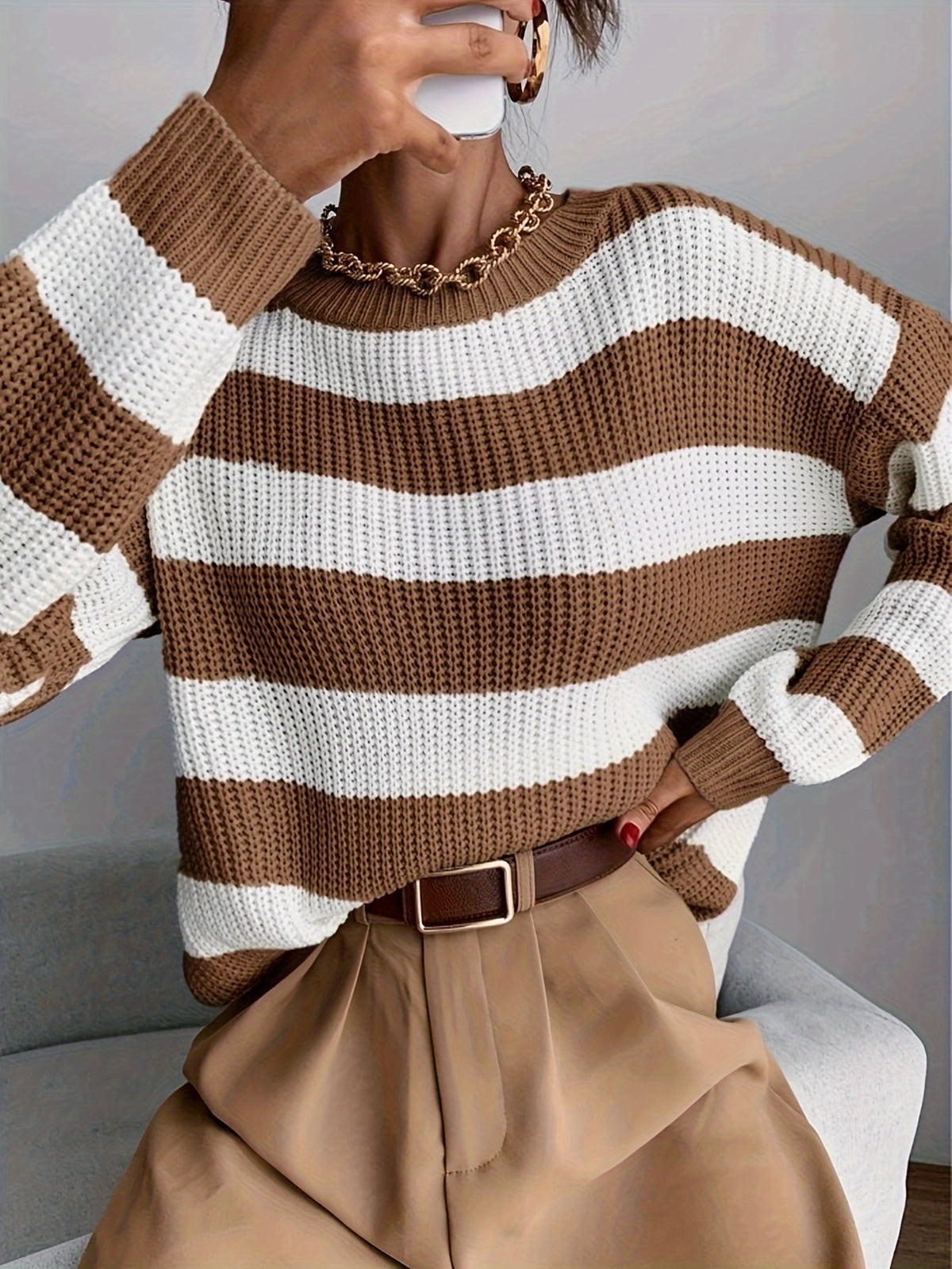 Dames Oversized Gestreepte Trui met Ronde Hals en Drop Shoulder
