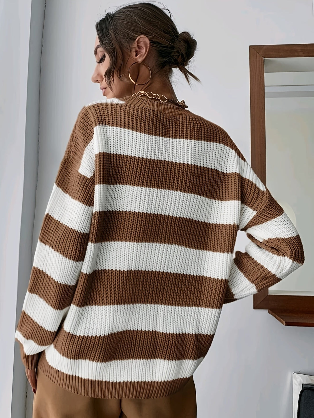 Dames Oversized Gestreepte Trui met Ronde Hals en Drop Shoulder