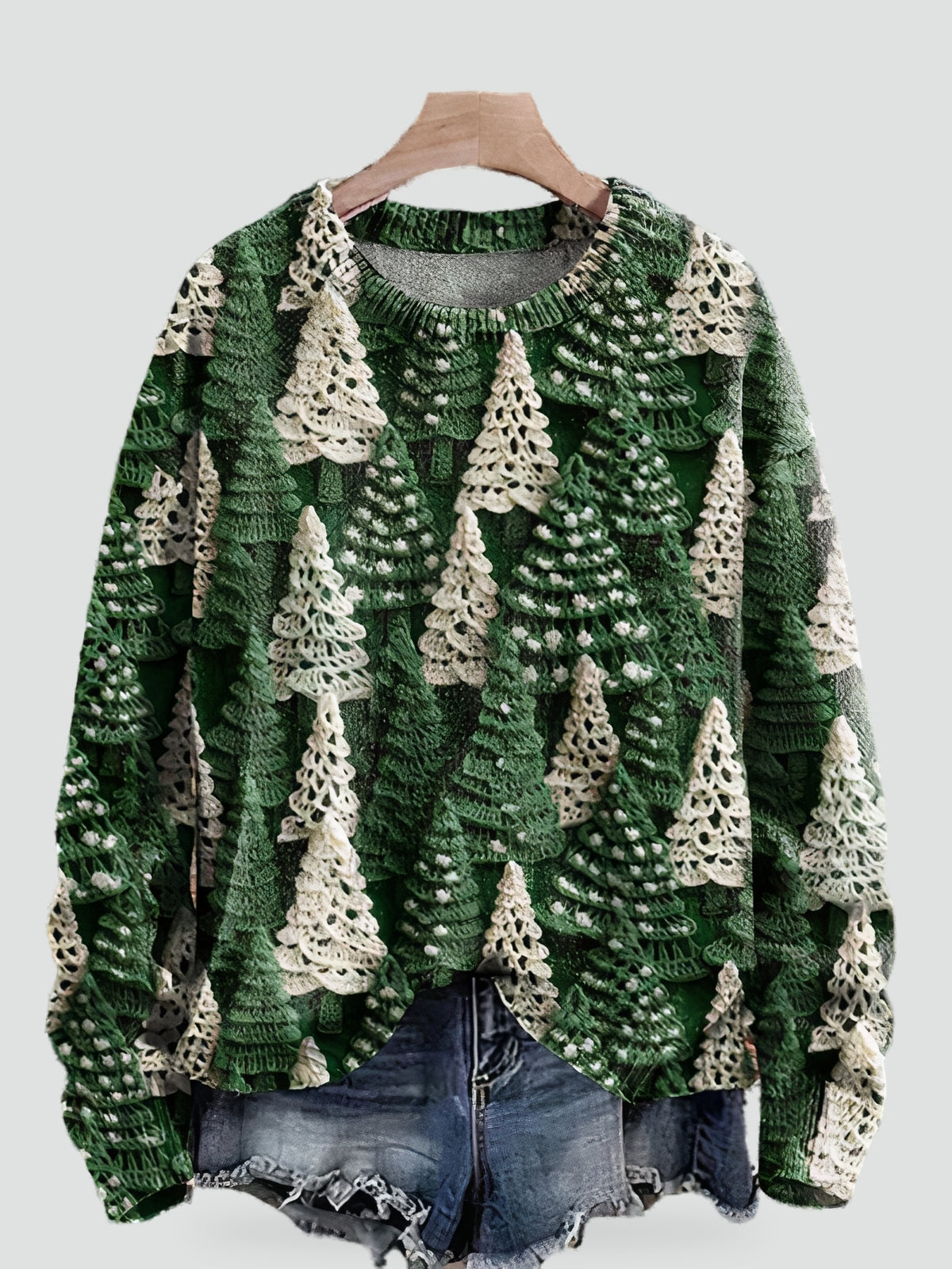 Dames Speelse Kersttrui met Ronde Hals en Kerstboomprint