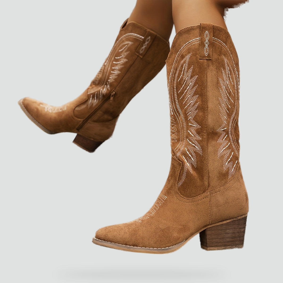 Dames Stoere Suède Cowboylaarzen met Blokhak en Spitse Neus