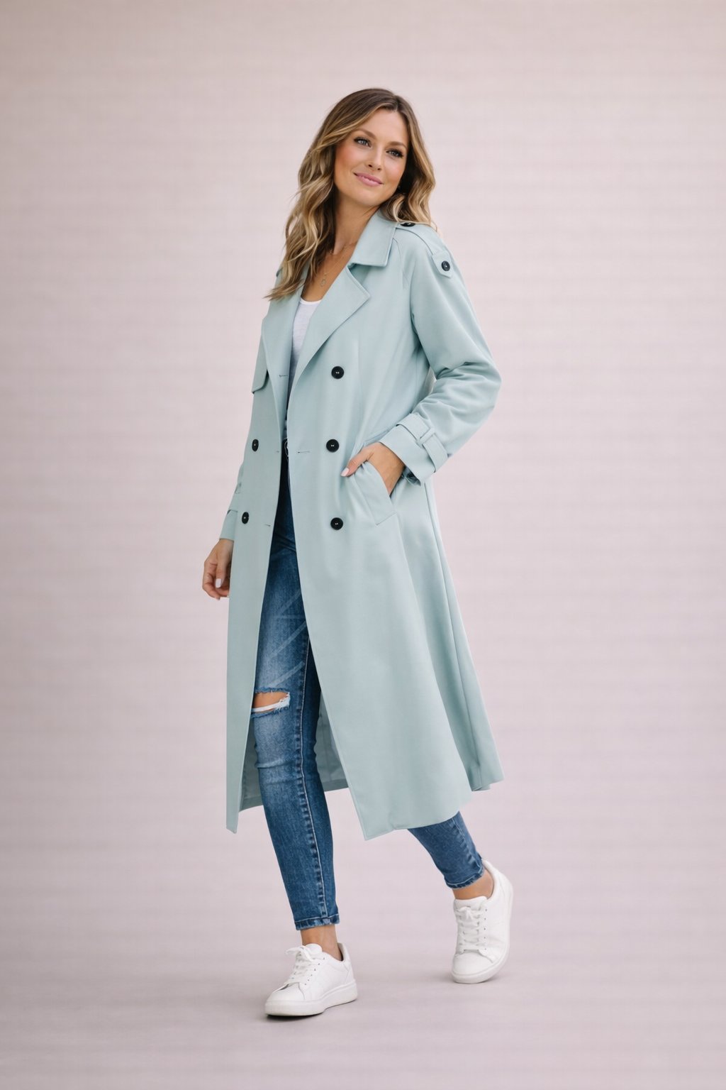 Trench-coat Femme Fermeture Double Rangée Avec Ceinture Décontracté Formel