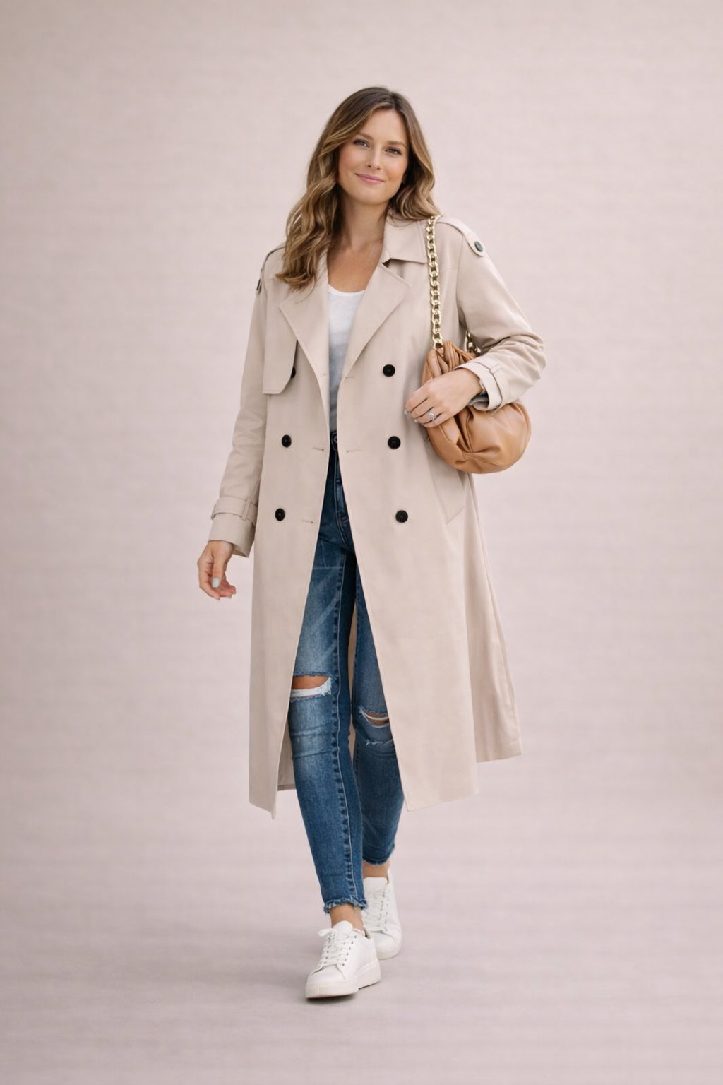 Trench-coat Femme Fermeture Double Rangée Avec Ceinture Décontracté Formel