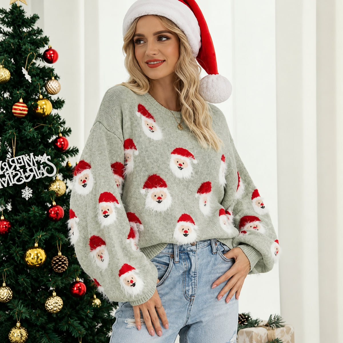 Dames Vrolijke Kersttrui met Gebreide Kerstman en Ronde Hals