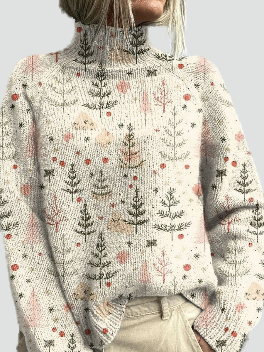 Dames Warme Kersttrui met Col en Kerstboomprint