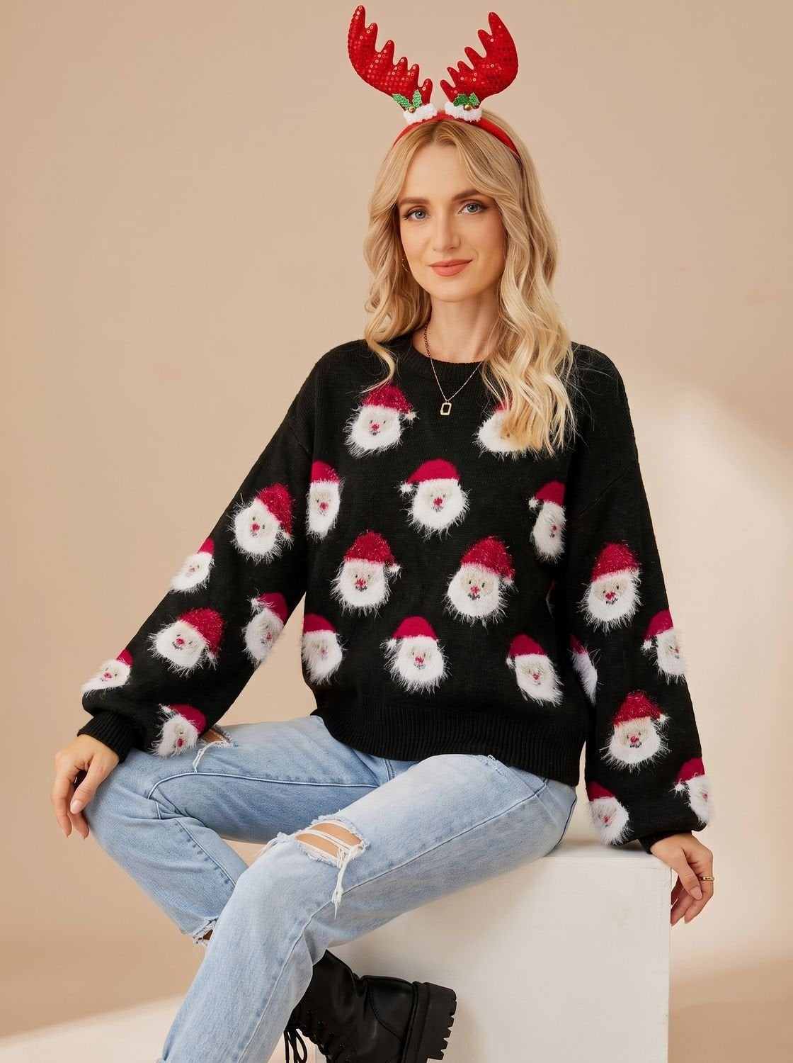 Dames Warme Kersttrui met Kerstmanprint en Ronde Hals