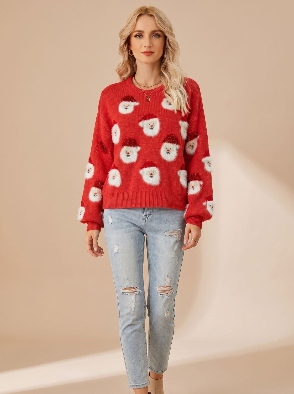Dames Warme Kersttrui met Kerstmanprint en Ronde Hals
