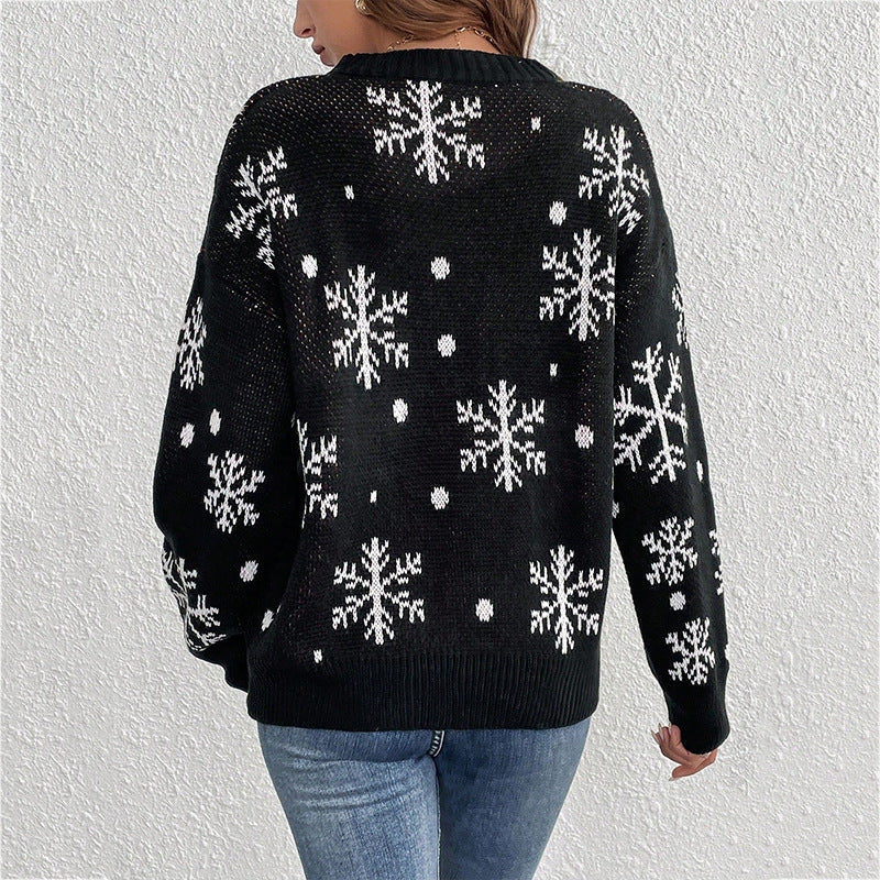 Dames Warme Kersttrui met Rendierprint en Sneeuwvlokken