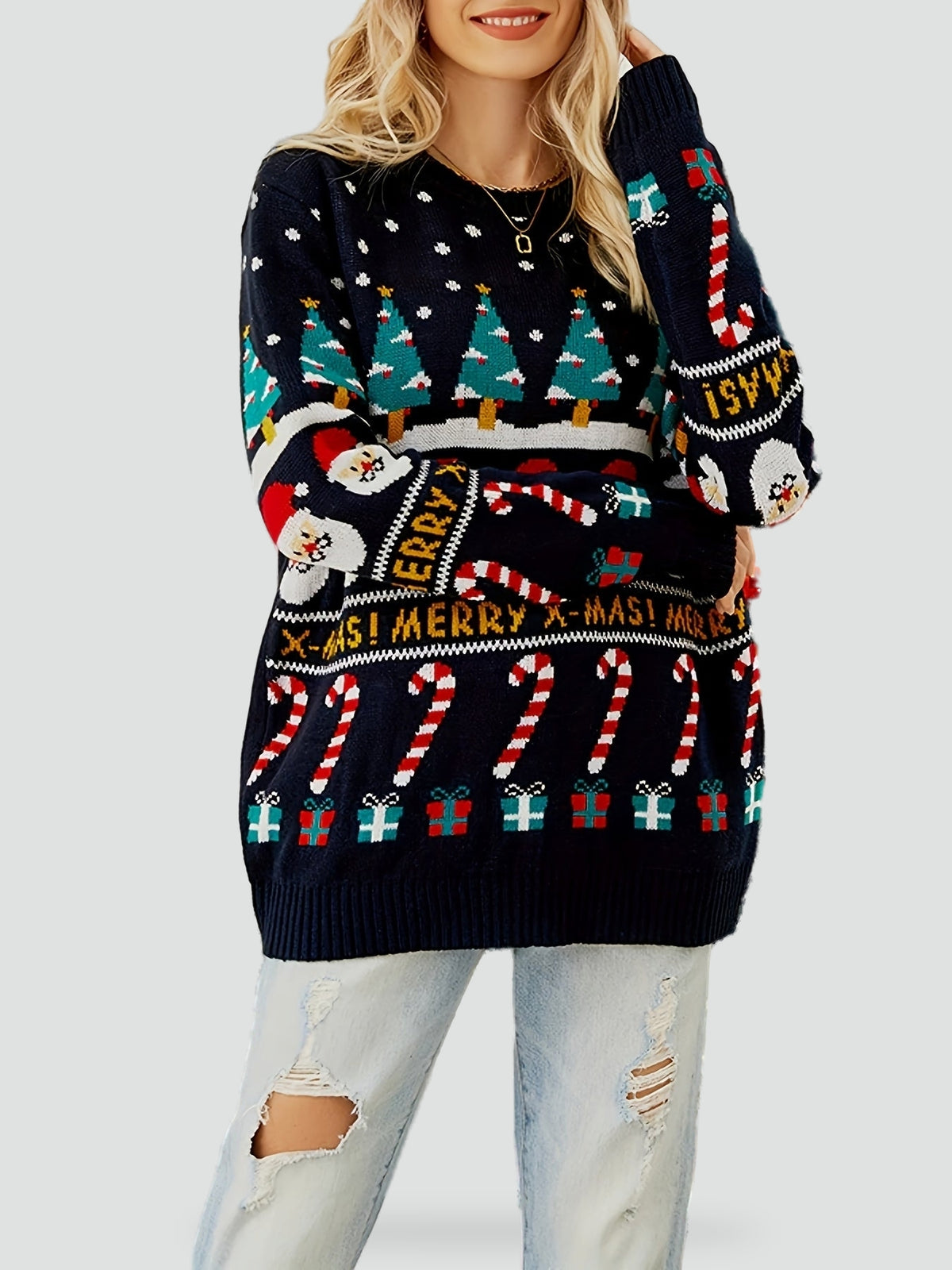 Dames Warme Kersttrui met Ronde Hals en Ribboorden