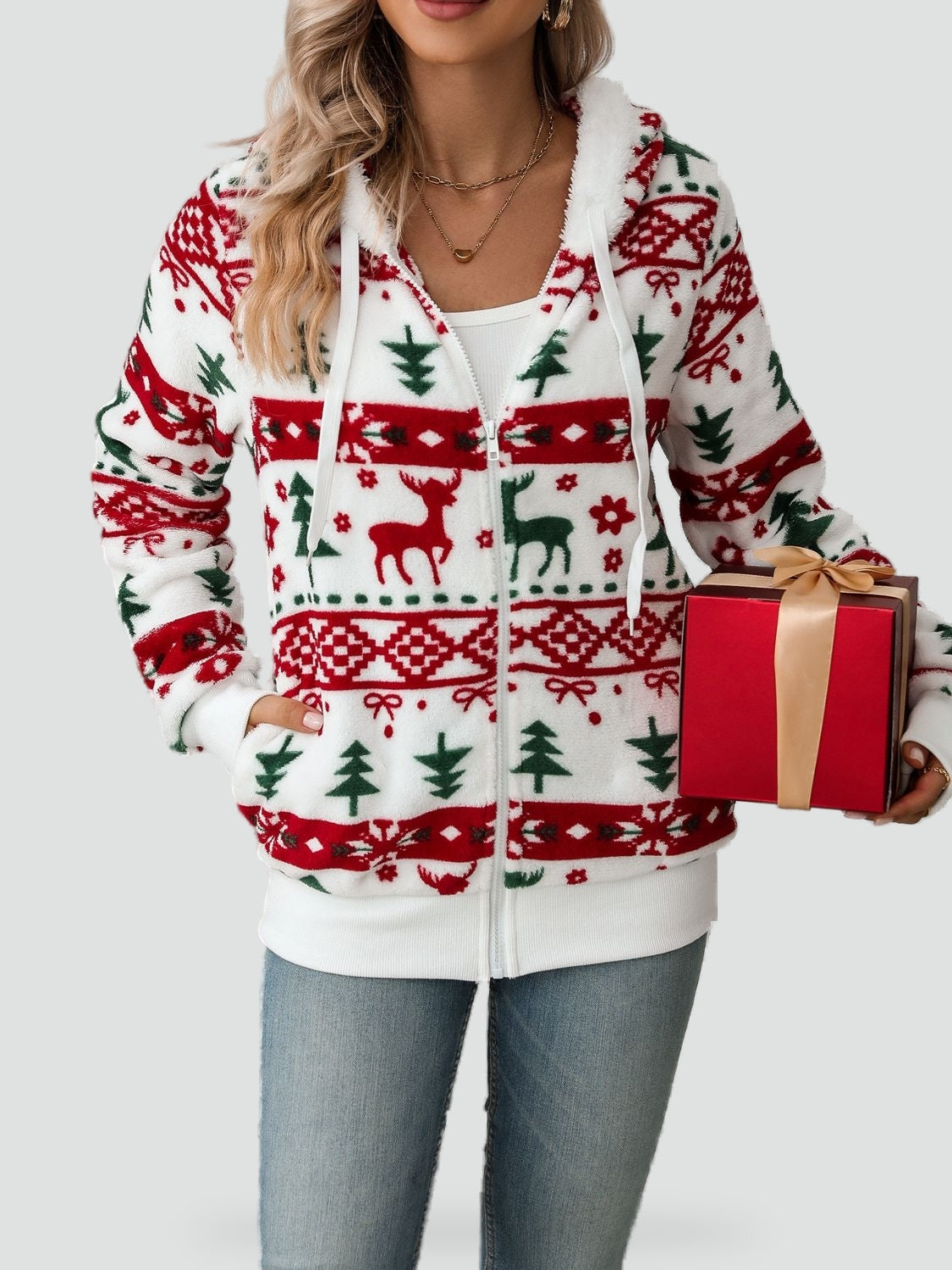 Dames Zachte Kerst Hoodie met Capuchon en Ritssluiting